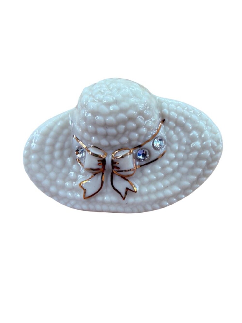 Vintage Lenox Porcelain Hat Brooch Ivory Sun Bonnet Rhinestone Bow Pin Cottage - Picture 2 of 9